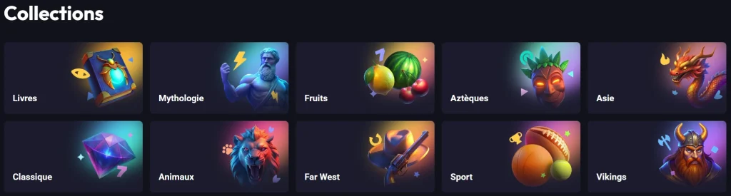 SpinAura Casino collections de jeux avec thèmes livres, mythologie, fruits et sport