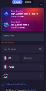 SpinAura Casino formulaire d’inscription avec bonus casino et bonus sport