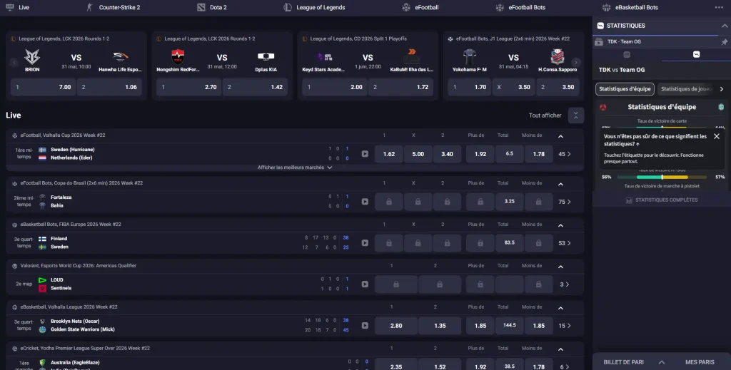 SpinAura Casino section paris sportifs et e-sport avec matchs en direct et statistiques