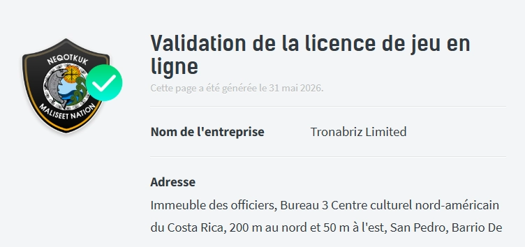 SpinAura Casino validation de licence de jeu en ligne avec Tronabriz Limited